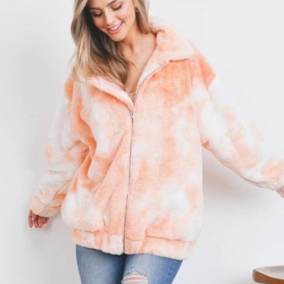 PEACH Tie Dye Zip Down Teddy Coat - Picture 7 of 7